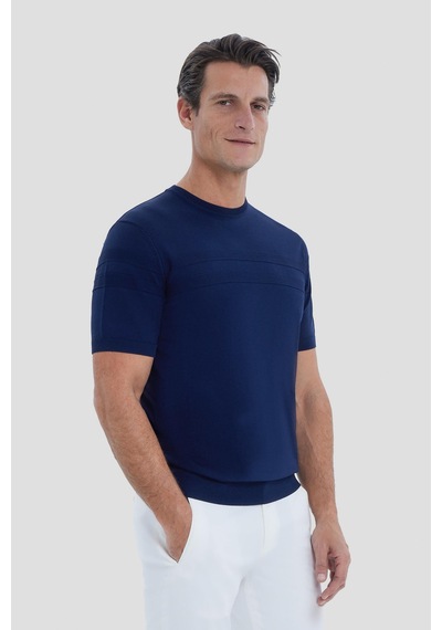 Sabri Özel Erkek Lacivert Dar Kesim Slim Fit Viskon Jakarlı Triko Bisiklet Yaka Tişört