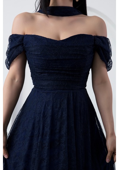 Kalopya Kalp Yaka Düşük Kol Dantel Elbise Drp2079 Lacivert