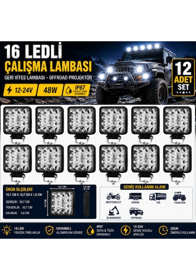 12 Adet 16 Led Çalışma Lambası 12-24v 48w Offroad Projektör Geri Vites Lambası Motosiklet Dorse Tır Traktör İş Makinesi Tekne Uyumlu Çalışma Lambası 10,7 Cm 10,7 Cm 1,6 Cm