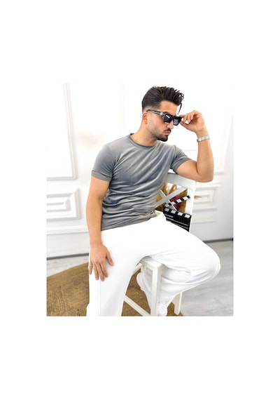 T-shirt Slim Fit Tişört Dar Kesim Kadife Tişört Füme