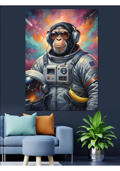 Ahşap Tablo Astronot Maymun Fütüristik Kıyafet Dekoratif Tablolar