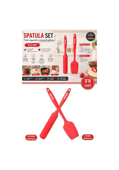 2 Li Pasta Spatula Seti, Silikon Yanmaz Yapışmaz Kaşık Spatula Ve Krema Sos Çikolata Sıvama Bıçağı Kırmızı