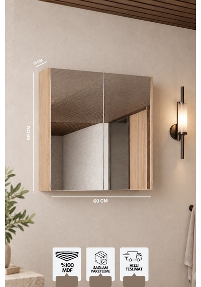 Milano 60 Cm, Banyo Dolabı, Üst Modül, Aynalı Dolap, Atlantis Meşe Beyaz - Sonomo