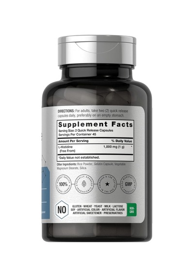Horbaach L-histidine 1000mg 90 Capsules Non-gmo And Gluten Fr...