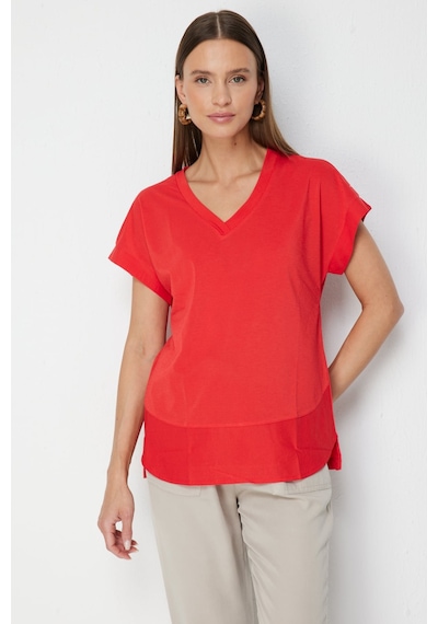 On Kadın V Yaka Parçalı T-shirt 71475 Mercan
