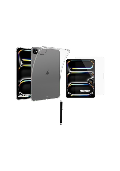 Apple İpad Pro 13 İnç M4 2024 Uyumlu Tablet Şeffaf Köşe Korumalı Silikon + Ekran Koruyucu + Kalem