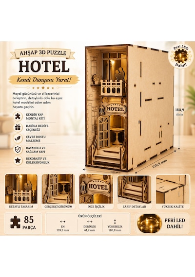 Hotel Book Nook Ahşap Maket Seti Dıy Miniatür Otel Binası Peri Led'li Kitaplık Dekoru