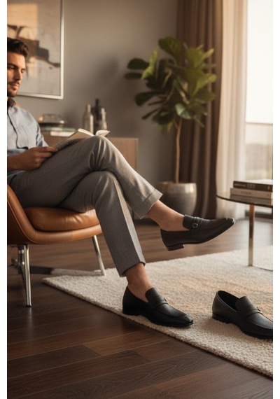 Enoch Hakiki Deri Mikro Dokulu Ve Klasik Bant Detaylı Erkek Comfort Loafer Siyah