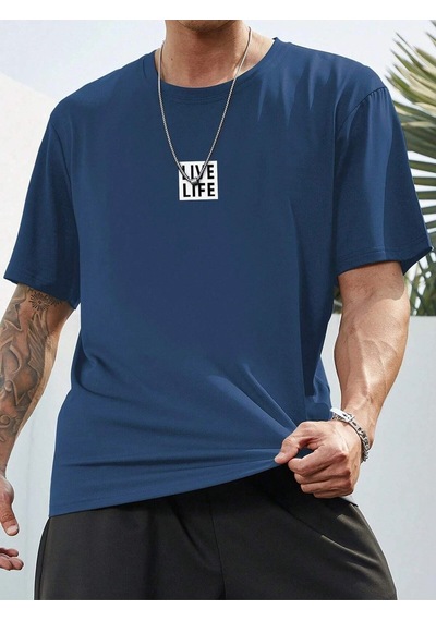 Flood Of Style Unisex Siyah Oversize Bisiklet Yaka %100 Pamuk Live Life Baskılı Lacivert