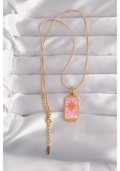 Mey İthalat 316l Çelik Gold Renk Pembe Mineli Güneş Model Tarot Kolye Çok renkli