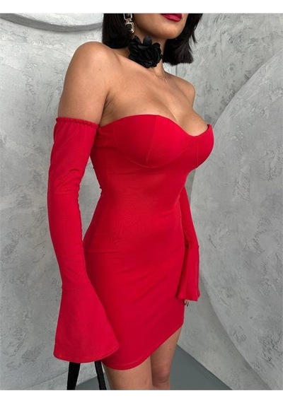Dip Moda Kadın Kırmızı Volanlı Mini Kol Fırfırlı Elbise Dpnbdf094 Kırmızı
