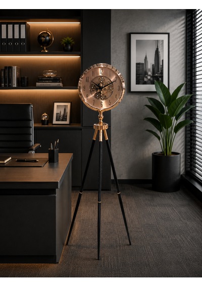 Gold Metal Ayaklı Dekoratif Salon Saati 110 Cm 40 Cm Çaplı Tripod Tasarımlı Retro Lüks Yer Saati