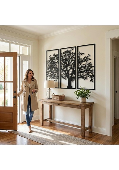 3 Panel Aile Ağacı Metal Duvar Dekoru, Siyah, 76x51cm Diğer