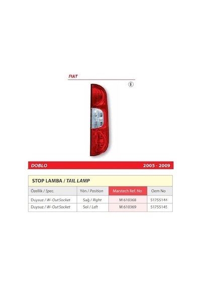 Fiat Doblo Sol Arka Duysuz Stop Lambası 2005-2009 -51755145