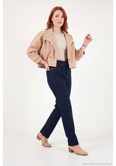 Lela Pamuklu Yüksek Bel Düz Paça Jeans Kadın Kot Pantolon 7031007 Koyu Mavi