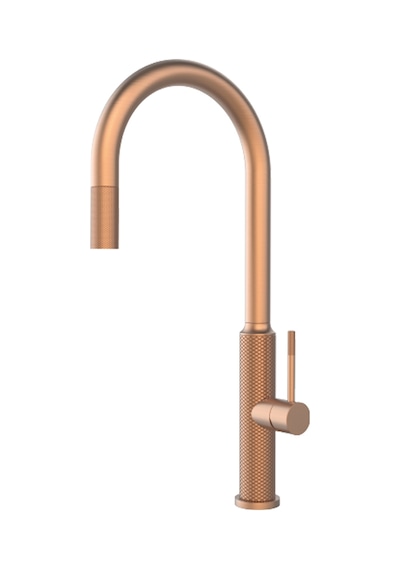 İvento Rose Gold Lüks Tırtık Desen Gövdeli Yüksek Kuğu Borulu Spiralli Mutfak Bataryası - Modern Çek-çık Eviye Musluğu
