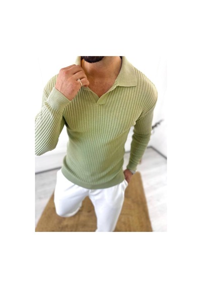 Elku Moda Kazak Slim Fit Polo Yaka Fitilli Yumuşak Dokulu Tüylenmez Sweatshirt Yeşil