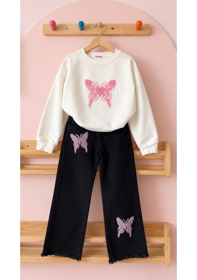 Kokoş Bebe Kız Çocuk Pembe Kelebek İşlemeli Sweatshirt Ve Bol Paça Kot Pantolon 2 Li Takım - 5/12 Yaş - 31969 Siyah