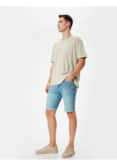 Koton Slim Fit Kot Şort Bermuda Katlamalı Paça Cep Detaylı Pamuklu Açık İndigo 4sam40030ıd Açık İndigo