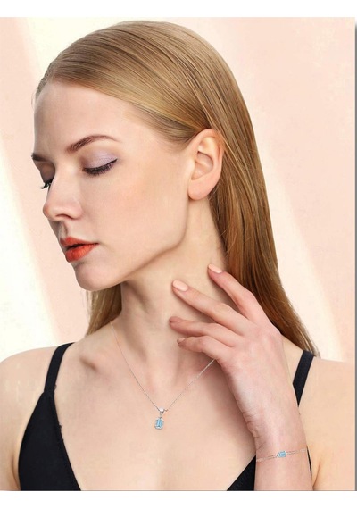 Brezza Lusso Jewelry 925 Ayar Gümüş Aquamarin Taşlı Baget Kadın Kolye Bileklik Set 42900039