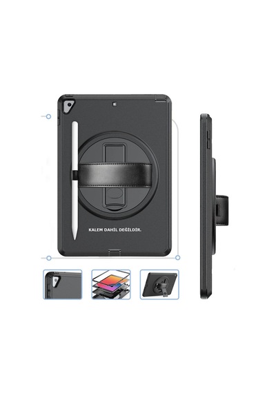Apple İpad  Uyumlu- 10.2 7.nesil Kılıf Hand Strap Tablet Kılıfı - Siyah Arka Kapak