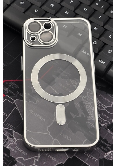 Apple Uyumlu iPhone 14 Magsafe Özellikli Gümüş Gri Silver Renkli Kenarlı Lazerli Şeffaf Kılıf Lens Korumalı