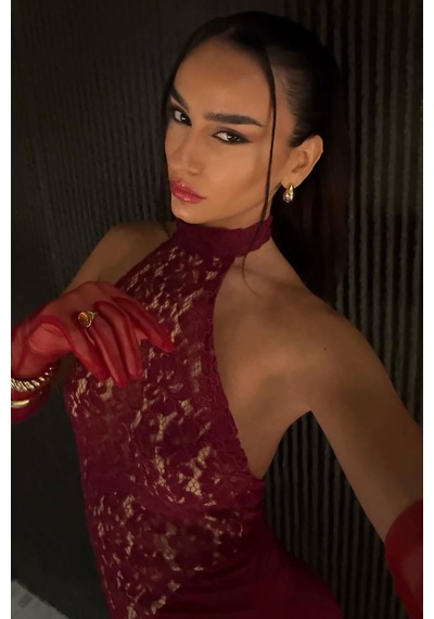 Poliana Dantel Gece Elbisesi - Bordo Bordo