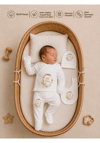 Pia Baby Kişiye Özel Kız Bebek Zıbın Seti 5'li %100 Pamuk İsimli Organik Baskılı 1093z0x Krem