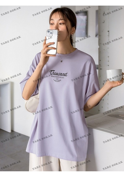 Flood Of Style Unisex Bay Harfli Grafik Düşük Omuzlu Tişört Kod-1386 Mor