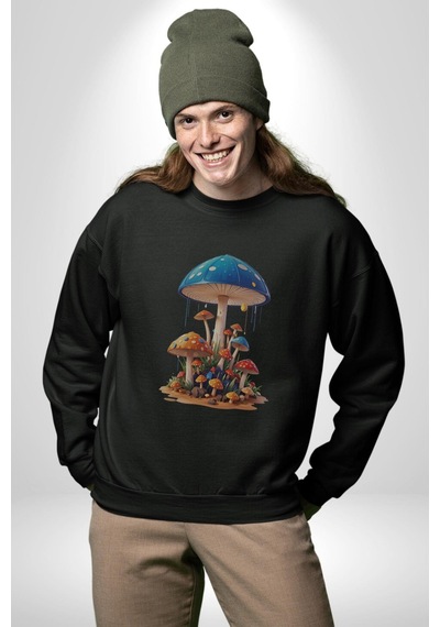 Renkli Mantar Süsler Unisex Siyah Baskılı Sweatshirt Siyah