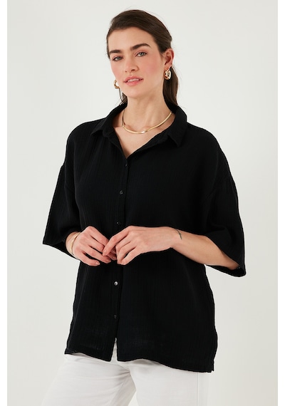 Lela Pamuklu Regular Fit Yırtmaçlı Kısa Kollu Bayan Gömlek Cf25S166965 Siyah