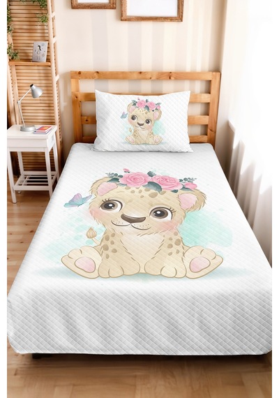 Evimde Bambaşka Pembe Aslan Yavrusu Kız Çocuk Pike Takımı-pastel Çiçekli Mint Bebek Odası Yatak Örtüsü-160x220  CM