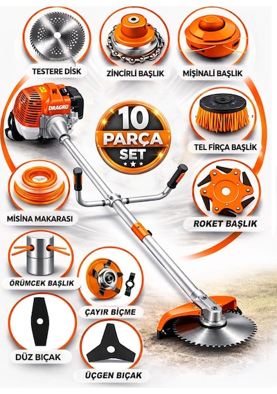Dragro German Drg-10 + Yan Tipi Benzinli Ot Çalı Çim Biçme Tırpanı + Full Set Hediyeli T
