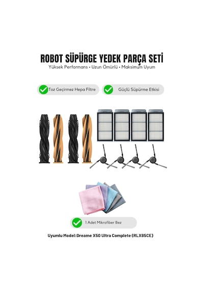 Dreame X50 Ultra Complete Rlx85ce İle Uyumlu 2 Ana Fırça 4 Yan Fırça 4 Filtre 1 Temizlik Bezi 12.0