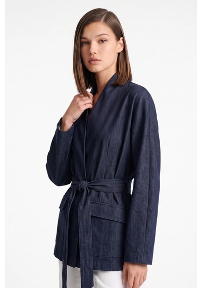 CEMO Denim Görünümlü Kuşaklı Ve Cepli Kimono Ceket Lacivert