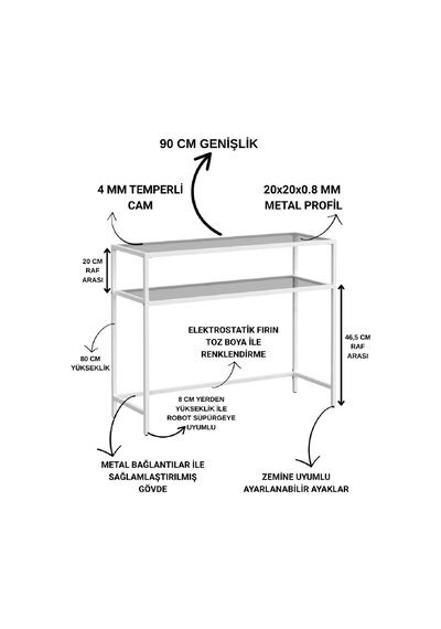 Modern 2 Katlı Beyaz Renk Metal İskeletli Cam Raflı Dresuar Konsol Modern 2 Katlı Beyaz Renk Metal İskeletli Cam Raflı Dresuar Konsol