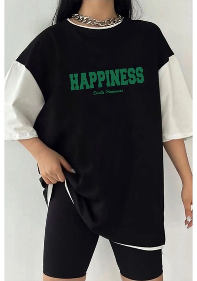 Tarzsokak Çift Renk Happıness Baskılı Unisex Tshirt Beyaz