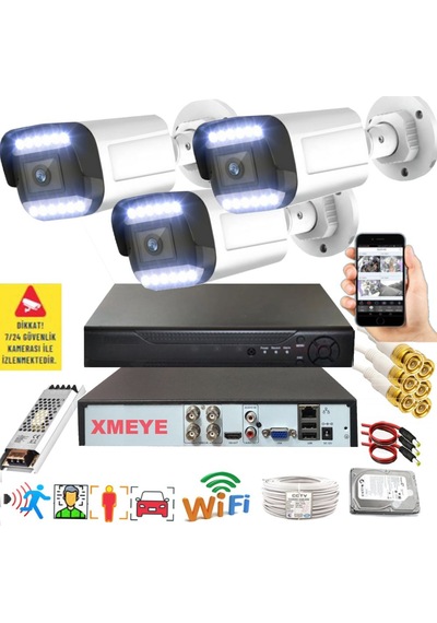 3 Lü Hareket Algılayan 5 Mp Lens 12 Warm Led Gece Renkli Gösteren Güvenlik Kamerası Seti Bs 3312w