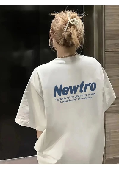 Kadın Tişört Newtro Baskılı Oversize Bisiklet Yaka T-shirt - Beyaz