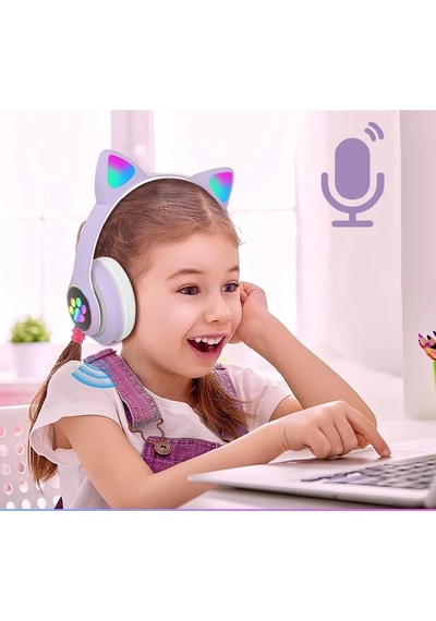 H10 Cat Kedili Led Işıklı Kafaüstü Bluetooth Kulaklık Lila Mor