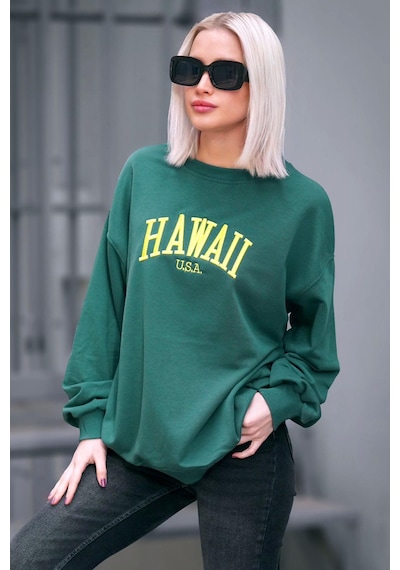 Madmext Yeşil Bisiklet Yaka Baskılı Sweatshirt Mg1922 Yeşil