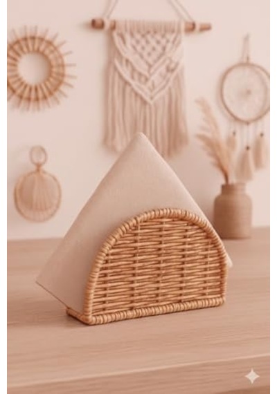 Boho El Yapımı Rattan Peçetelik - Masa Üstü Ve Mutfak İçin Doğal Hasır Peçete Tutucu, Bohem Ev Dekoru, Yarım Ay Tasarım Dikey Peçete Standı -