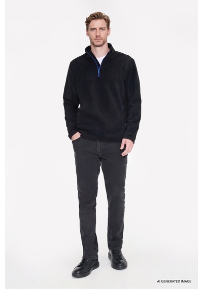 Ac&Co / Altınyıldız Classics Erkek Sıyah Sıcak Tutan Standart Fit Normal Kesim Bato Yaka Çift Fleto Cepli Sweatshirt Polar Siyah