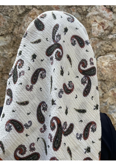 Bej Zeminde Etnik Desenli Yazma Şal & Fular Kullanıma Uygun Pamuklu Açık Krem - Beyaz