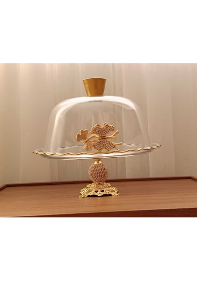 Elta Collection Gold Metal Ayaklı Cam Kapaklı Kek - Pasta Stantı Fanus Taşlı
