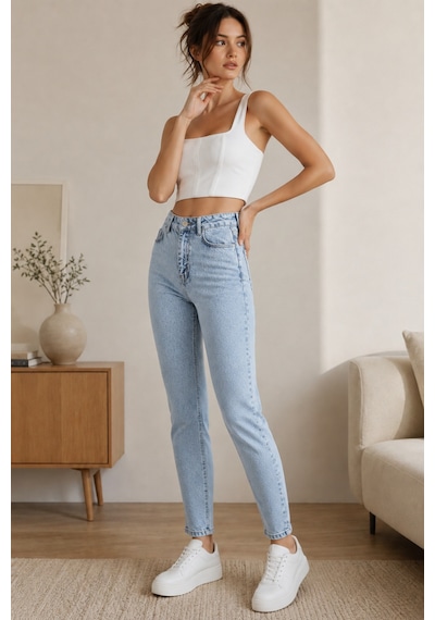 Woddi Kadın Jeans Buz Mavi Kar Yıkama Mom Jeans Yüksek Bel Denim Kot Pantolon Taş