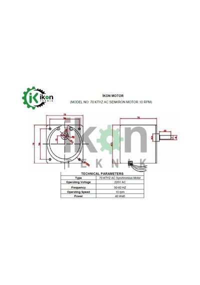 İkon Teknik AC SENKRON MOTOR 70 KTYZ 40 Watt 10 RPM 220 Volt