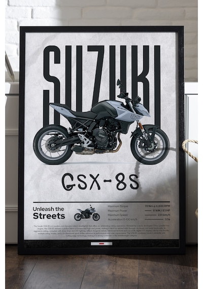 Suzuki Gsx-8s Siyah Ahşap Çerçeveli Poster, Dekoratif Motosiklet Duvar Tablosu