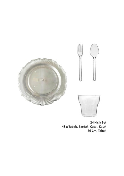 Omeyva 26 Cm. Plastik Mika Şeffaf Sorfa Piknik Seti - 48 Kişilik Tabak Bardak Çatal Kaşık Takımı Şeffaf