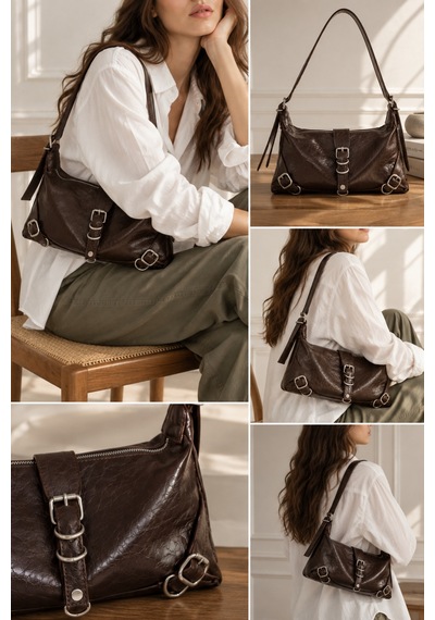 Nura Collection Kahverengi Kadın Gümüş Kemer Detaylı Omuz Çantası Kahverengi - 921392730 Kahverengi